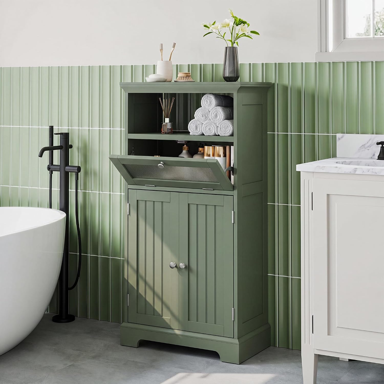ChooChoo Bathroom Cabinet with Flip Glass Drawer,Freestanding | Adjustable Shelf & 1 Open Storage, Living Room, Hallway, Green