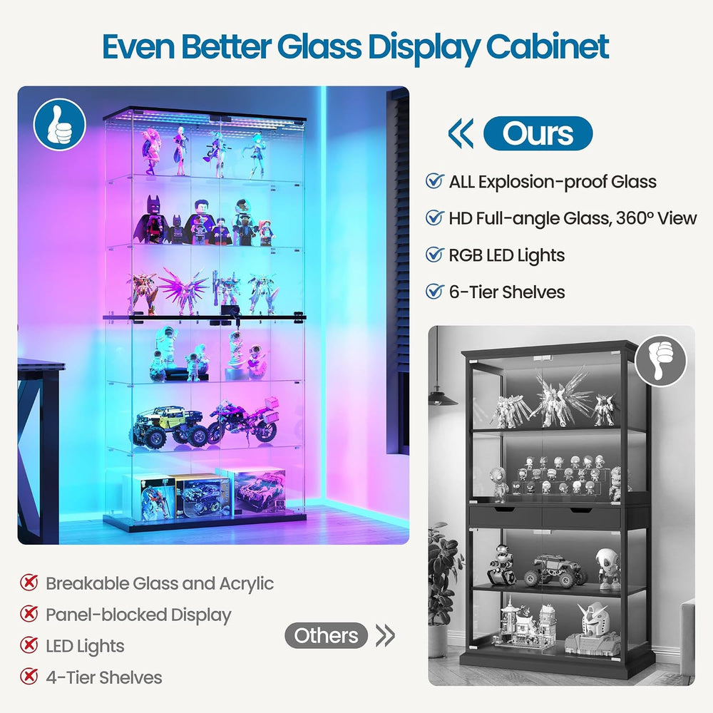 Dystler 6-Tier Glass Display Cabinet, RGB LED Lights for Collectibles