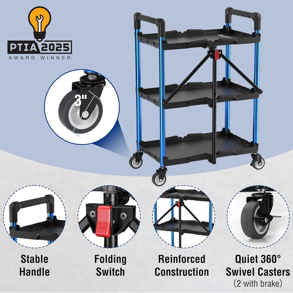 WORKPRO 3-Tier Collapsible Service Cart, 210 LBS Foldable Utility Service Cart with Wheels, Portable Tool Cart for Garage, Warehouse, Home, Restaurant, Office (No Assembly Required)