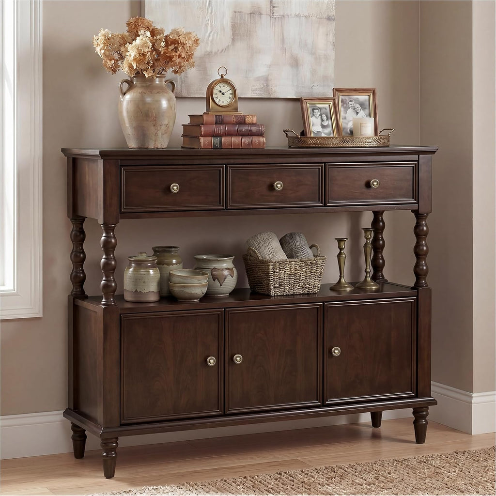 45.3'' Solid Wood Console Table, Retro Sofa Table with 3 Drawers & 2 Cabinet, Long Behind Couch Accent Table Console Table Narrow Entryway Table for Living Room, Foyer, Hallway