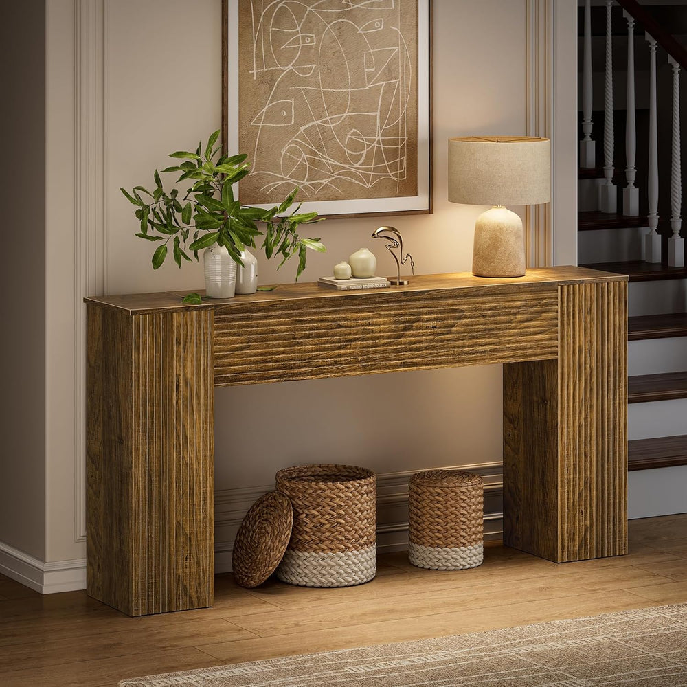 FABATO 61'' Fluted Long Console Table, Wooden Rectangular Sofa Table ...