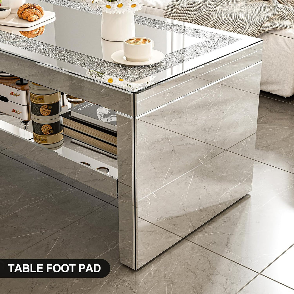 IKIFLY Mirrored Coffee Table with Mirror Crystal Board, Glass Rectangle End T...