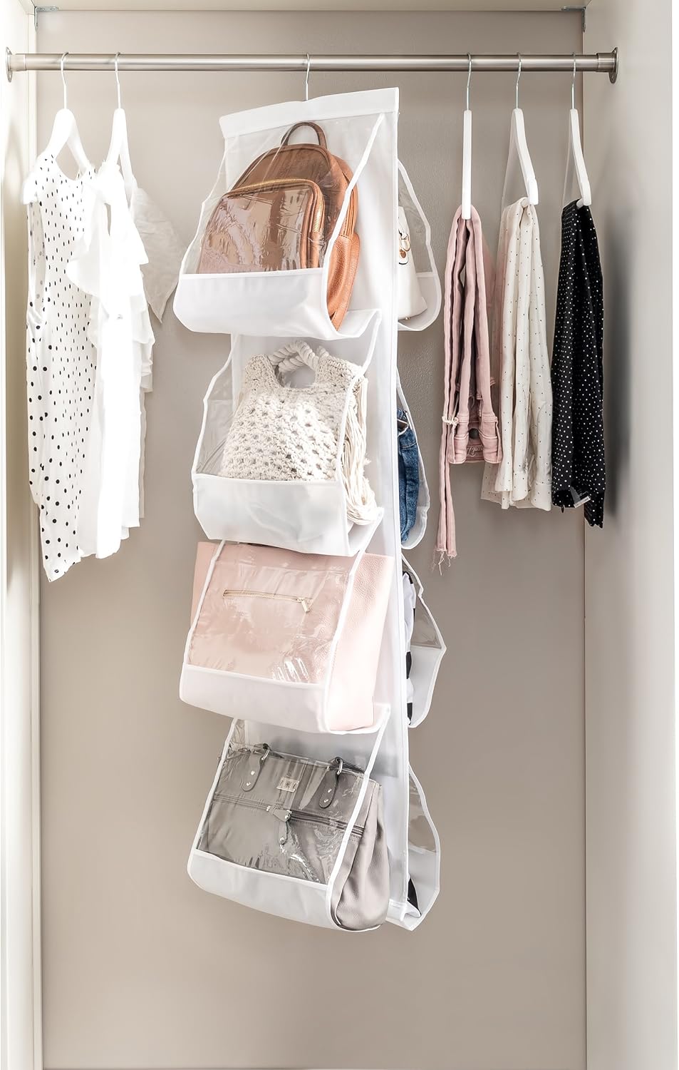 ZOBER Hanging Purse Organizer, Breathable Nonwoven Handbag Organizer, 8 Easy Access Clear Vinyl Pockets, White, 48 L x 12 W