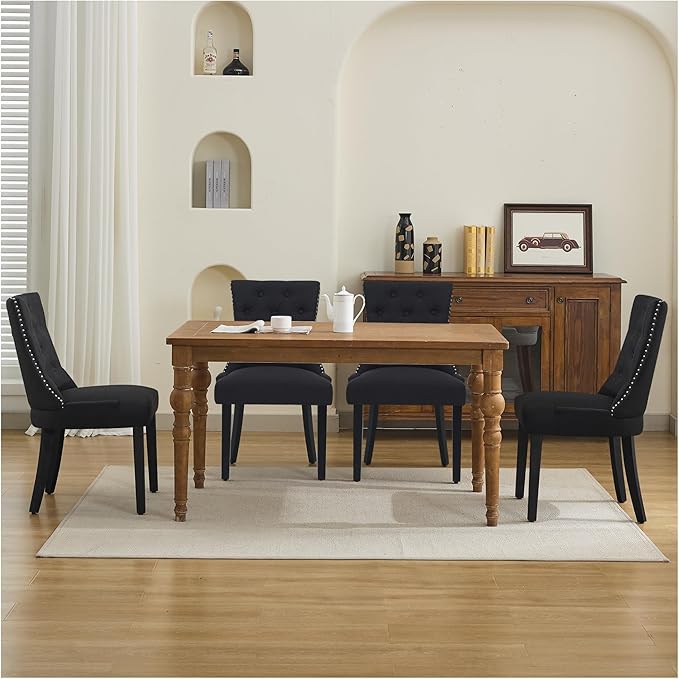 Upholstered Dining Chairs with Arms, Set of 2, Dining Room Chairs with Solid Wood Legs and Tufted Backrest (Black, 2PCS (Regular Size))