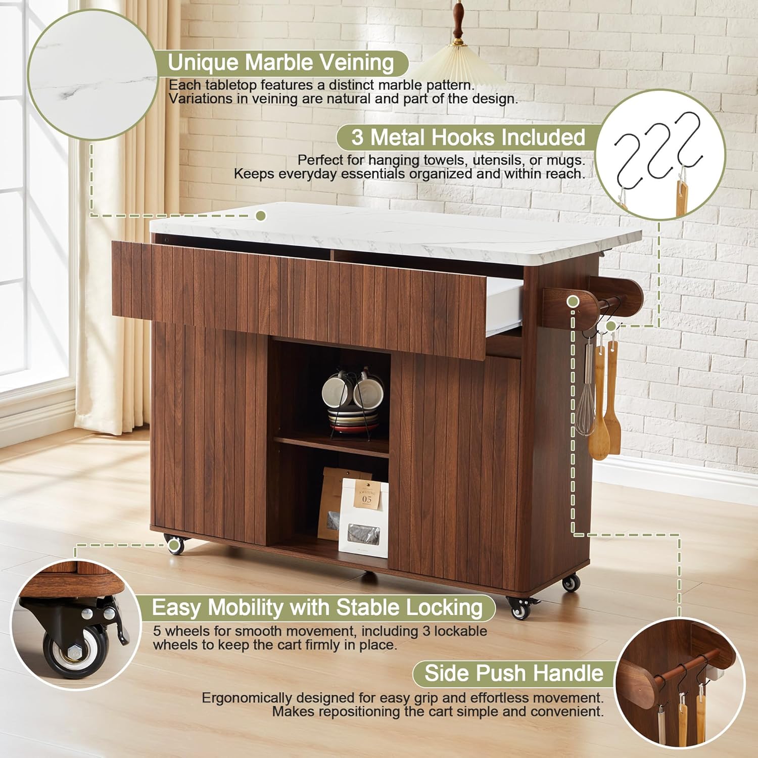 weselon 47" Mobile Kitchen Island with Storage & Drop Leaf, Rolling Kitchen Cart on Wheels with 2 Drawers, Adjustable Shelves, Towel Rack & Hooks, Faux Marble Top Island Table for Kitchen (Walnut)