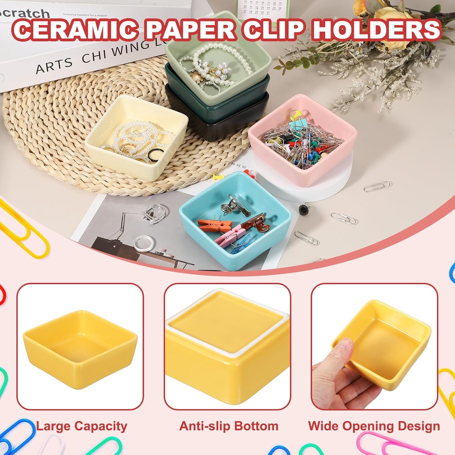 PATIKIL Square Paper Clip Holders, Ceramic Bowl Dish Clip Dispenser Organizer Desk Organizer Accessories for Office Desktop Decor Bobby Pin Binder Paper Clamp, Yellow