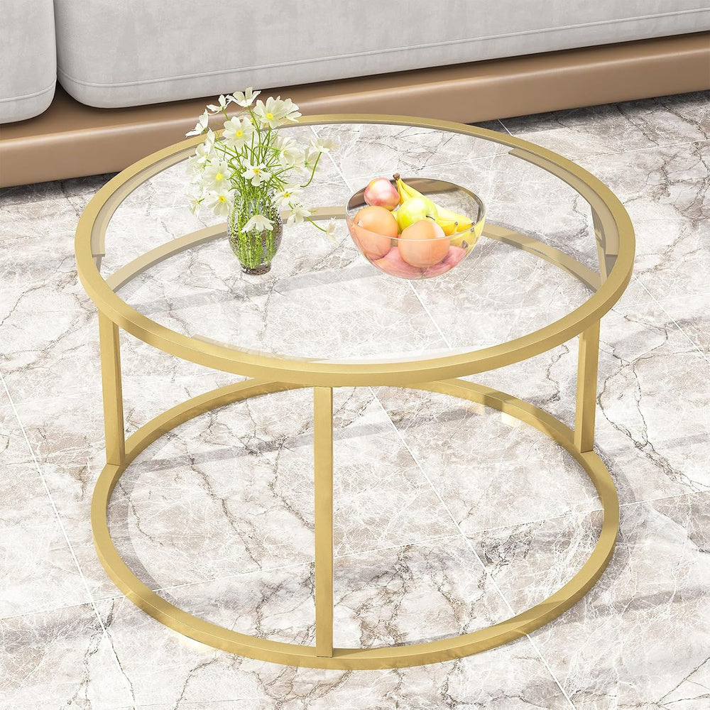 Glass Coffee Table,Round Gold Coffee Table for Small Space,27" Modern Ce...