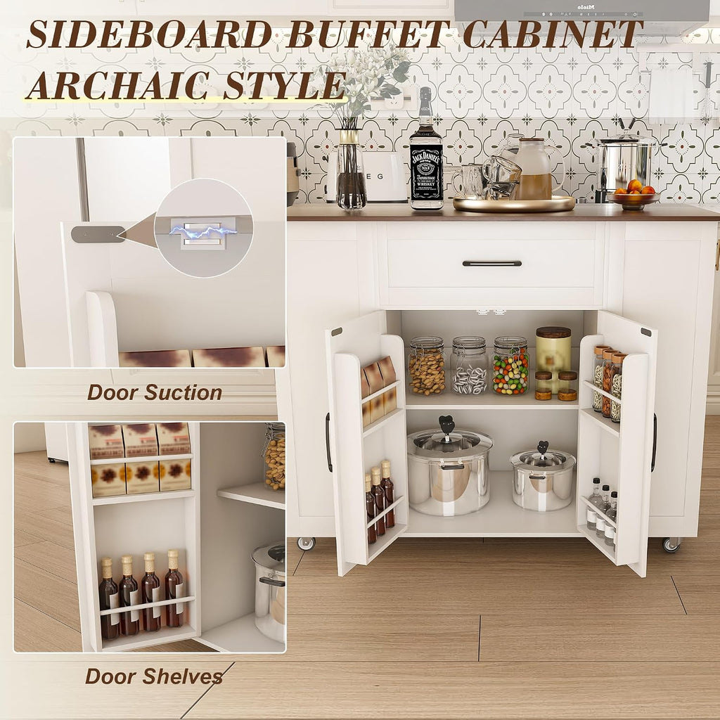 46" Kitchen Island with Power Outlet, Kitchen Storage Island with Drawer, Rolling Cart on Wheels, Wood Top with Adjustable Shelf and Trash Storage Cabinet, for Home, Dining Room (White, 46")