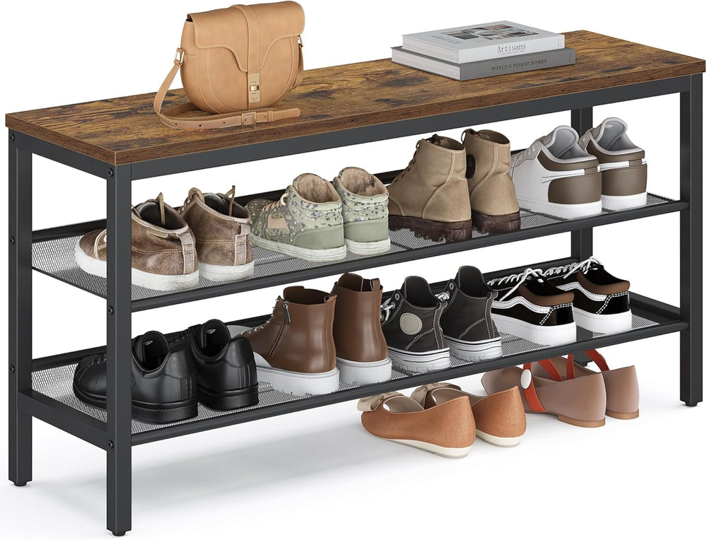 VASAGLE 3 Tier Shoe Rack Bench, One Piece Shelves, Shoe Storage Organizer wit...