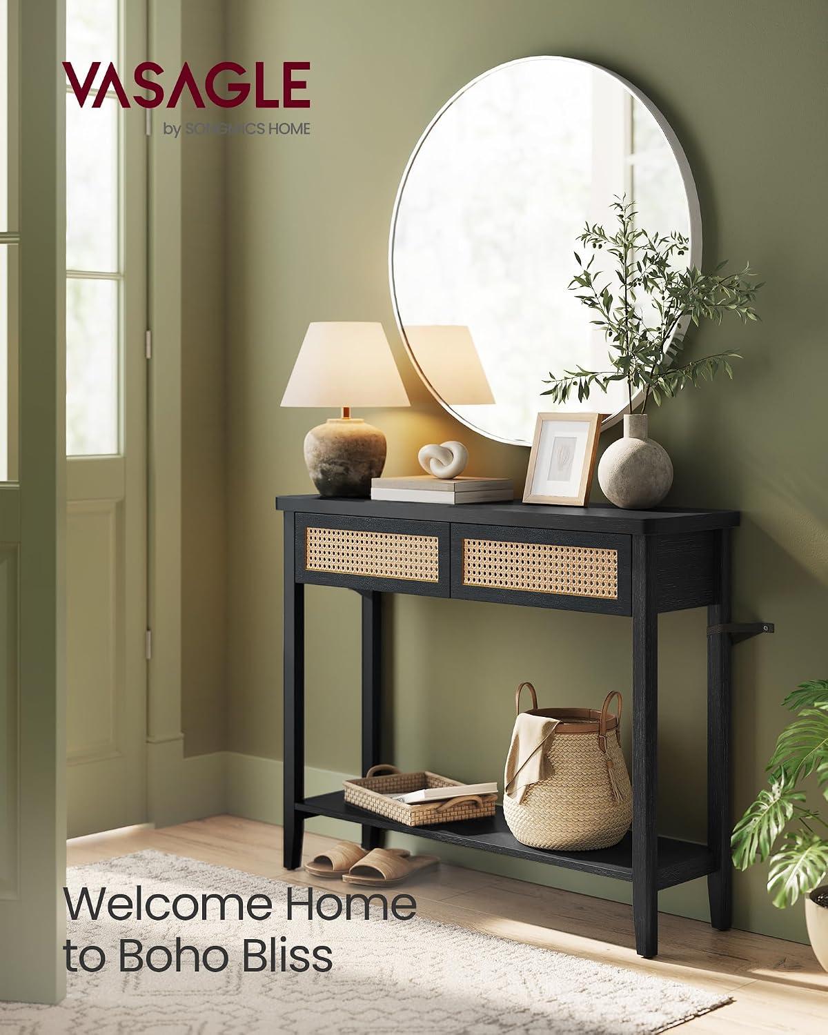 VASAGLE Console Sofa Table, Narrow Entryway Table, 2 Drawers, Open Storage Shelf, Rounded Corners, for Living Room, Boho Style, Ash Black ULNT016BF01S