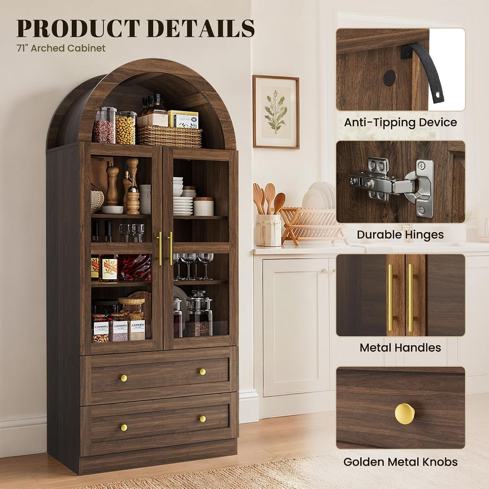 71" Tall Arched Kitchen Pantry Cabinet, Modern Farmhouse Kitchen Storage...