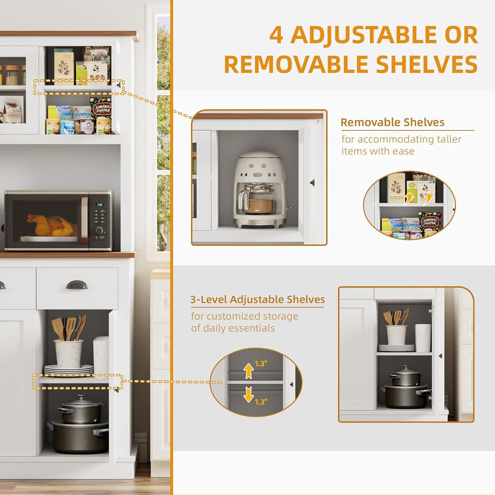 71" Kitchen Hutch with Charging Station, Tall Pantry Storage Cabinet wit...