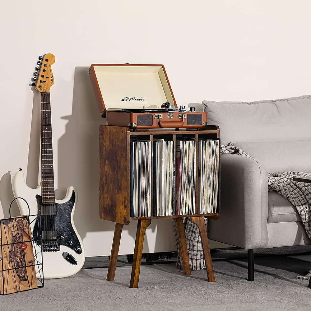 LELELINKY Small Record Player Stand, 4 Cabinet Vinyl Storage Table, Brown | W...
