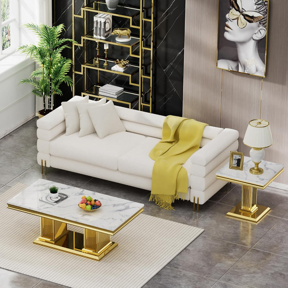 Luxury Marble Coffee Table Set of 2, Modern Coffee Table with Side End Table,...