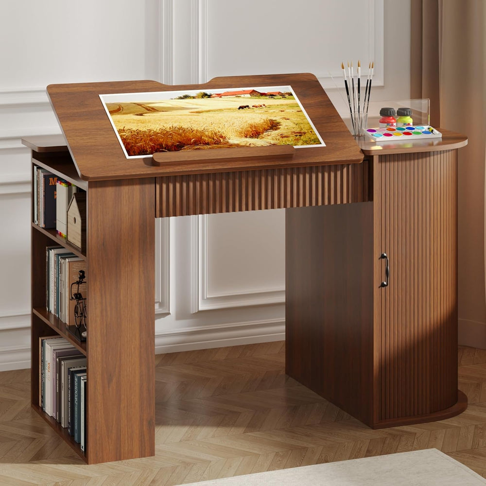 Drafting Table with Storage Cabinet & Drawers, Crafting Table with Open S...