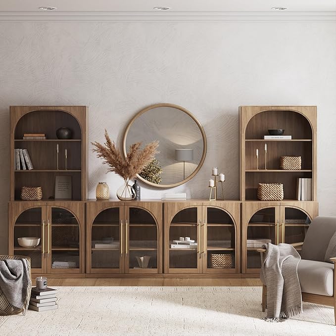 BELLEZE 6-Piece Modular TV Stand Set - 4 Arched Glass Door Entertainment Center & 2 Hutch Storage Units, Classic Modern Large Media Console with Adjustable Shelves for Living Room Family Room, Camel