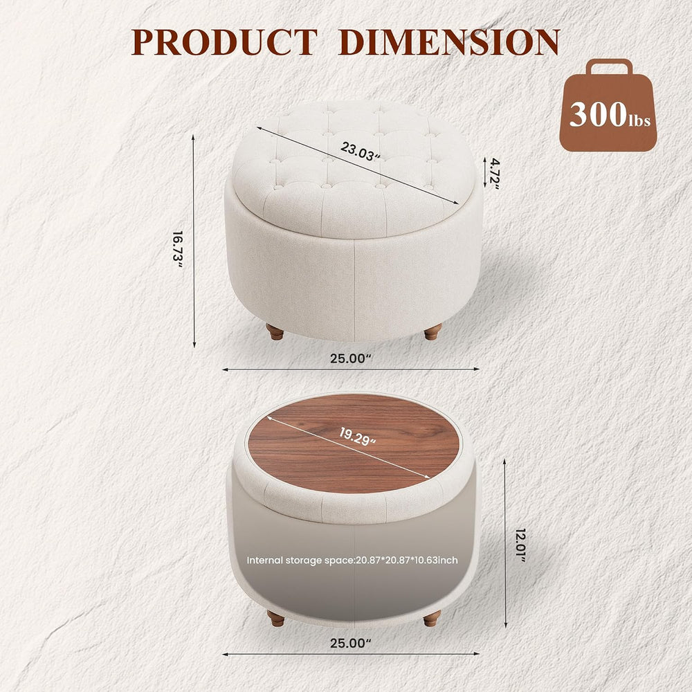25" Round Ottoman with Storage, Small Coffee Table with Reversible Tray ...