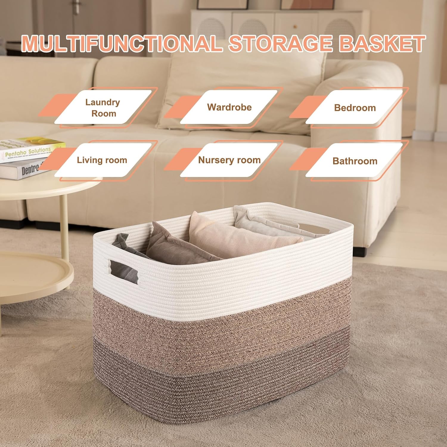 OIAHOMY 108L Super Large Blanket Basket, 25”x16”x16”(108L) Rectangle Woven Baskets for Storage, Cotton Rope Basket For Living Room, Toy Storage with Handle- Gradient Dark Brown