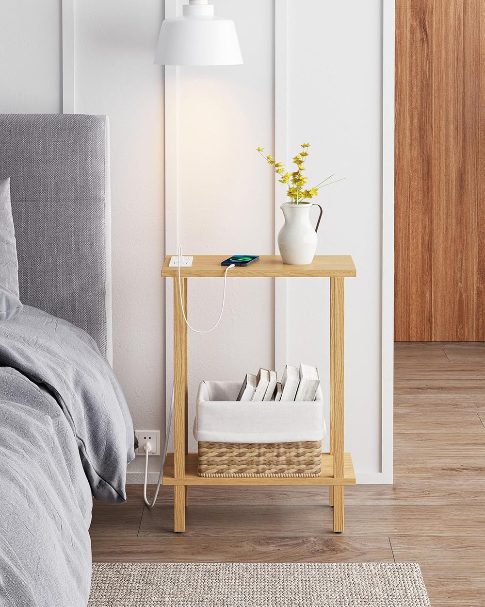 TUTOTAK Small End Table with Charging Station, Narrow Side Table with USB Por...