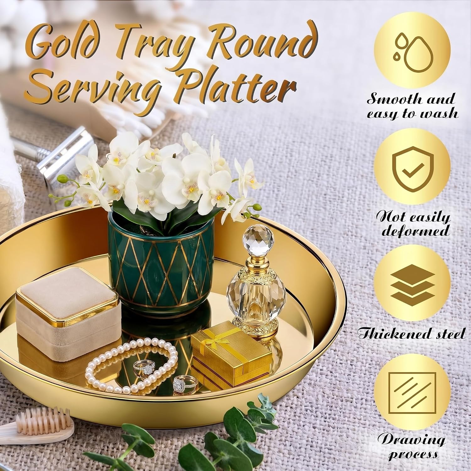 Thenshop 3 Pcs 15 Inch Gold Round Serving Tray Stainless Steel Circle Decorative Vanity Gold Plate Metal Jewelry Makeup Organizer Dishes for Gift Wedding Coffee Table Bathroom Dessert Christmas