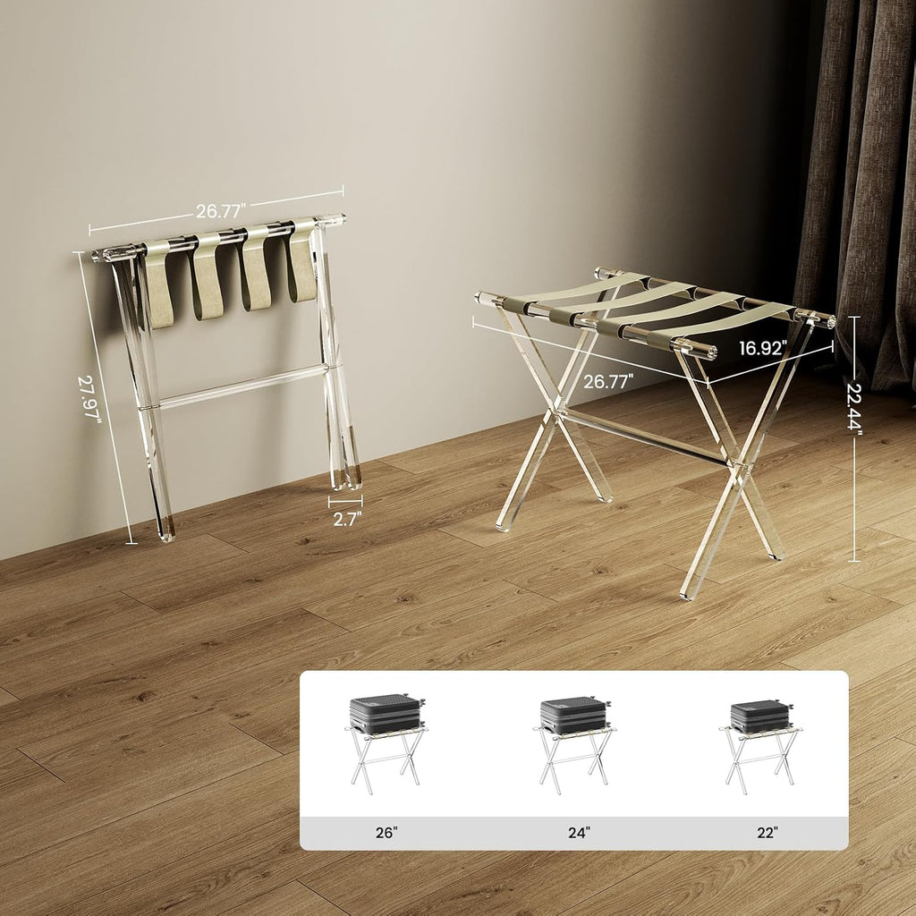 Sumerflos Acrylic Luggage Rack for Guest Room - Foldable Suitcase Stand with Leather Straps for Bedroom Living Room Hotel Heavy-Duty, Holds up to 50-100 lb lightweight Space Saving, Beige, 1 Pack