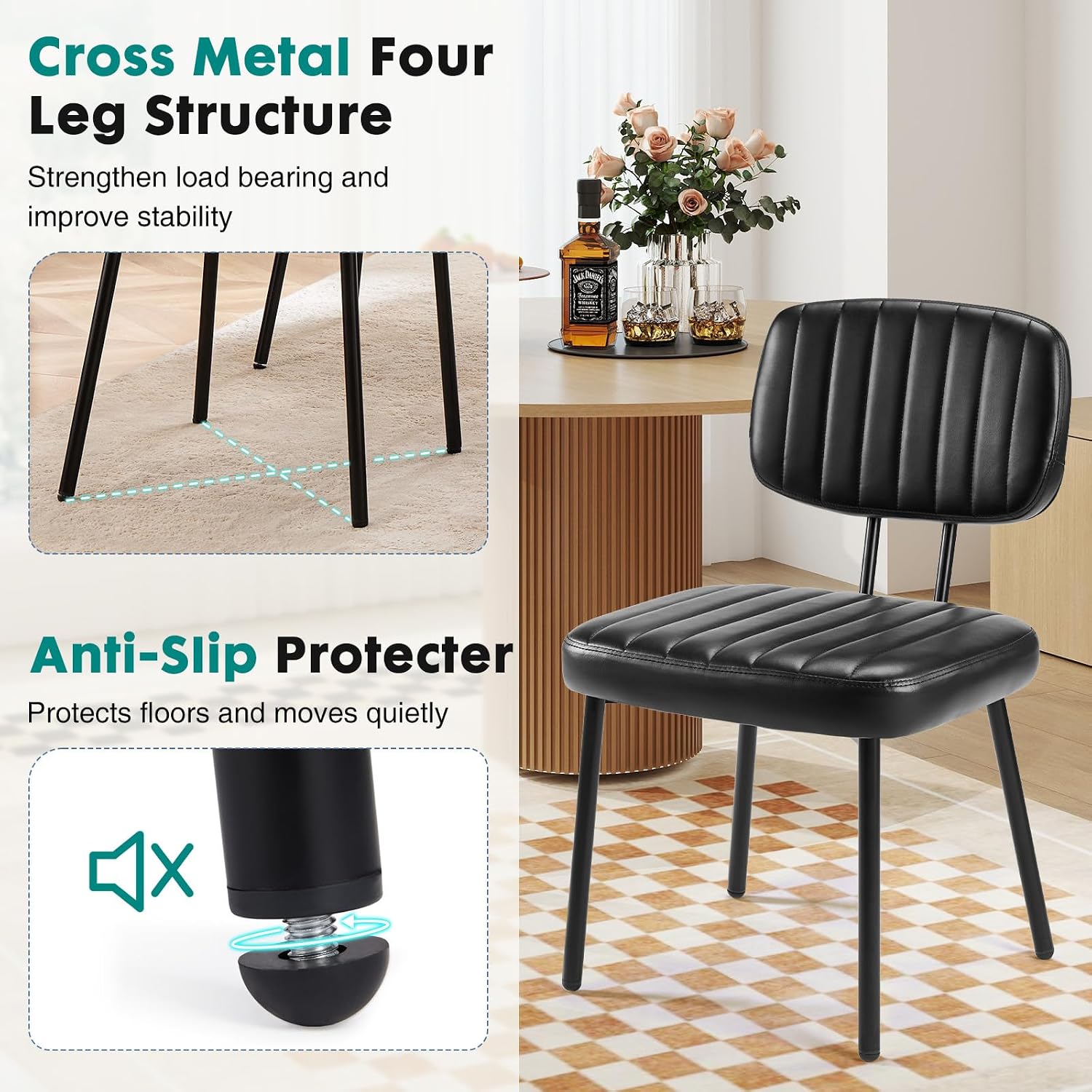 OLIXIS Dining Chairs Set of 2, Mid Century Modern Kitchen Chairs, Black | Faux Leather Cushion Seat, Metal Legs Backrest, Living Room Home Office Bedroom