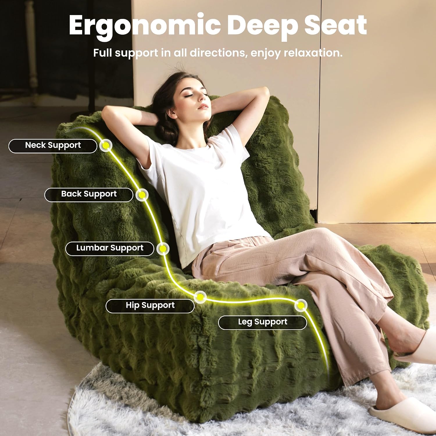 ovios Bean Bag Chair for Adult, Giant Beanbag with Plush Faux Fur, Comfy Large Big Lounger Floor Lazy Chair for Indoor Fireside Living Room Bedroom Dorm, Green