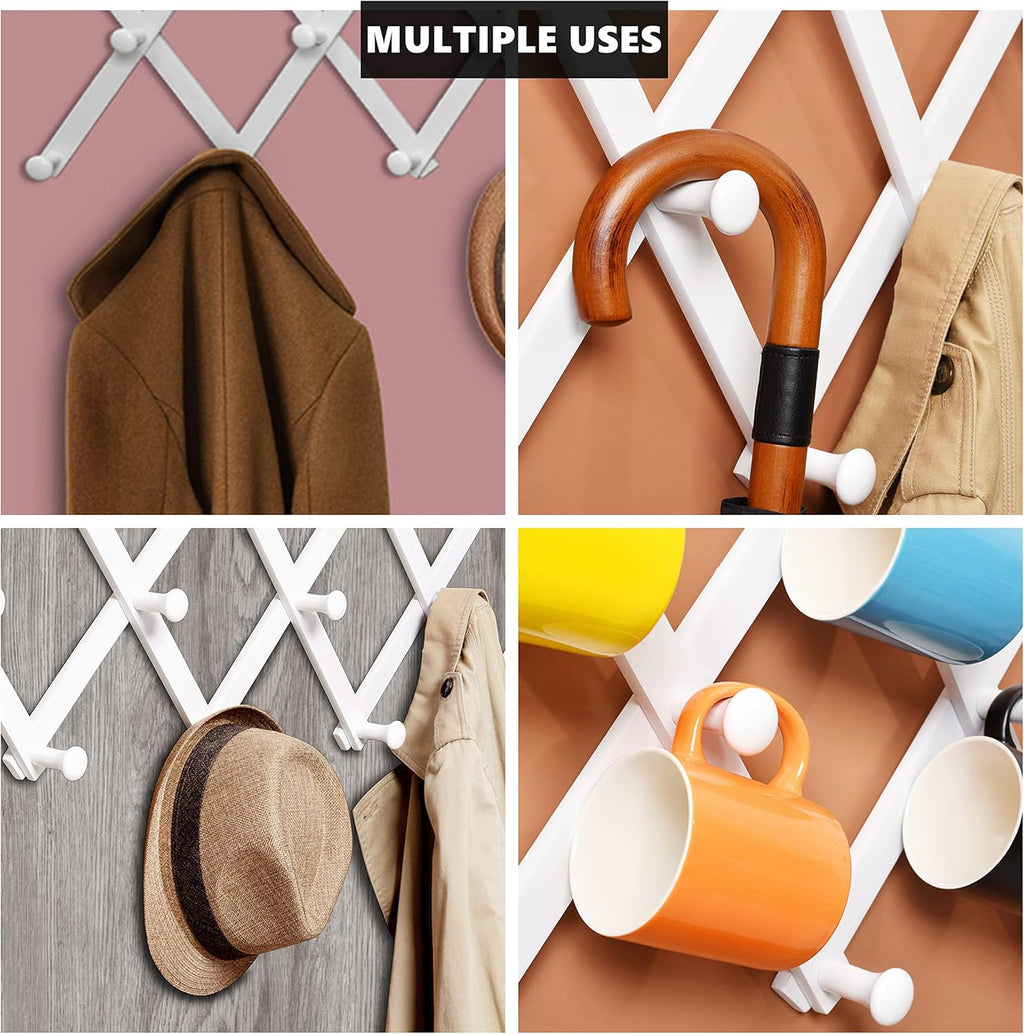 Amber Home Wood Accordion Wall Rack 17 Hooks (Pegs), Expandable Wall Mounted Hanger for Coat, Hat, Scarf, Coffee Mugs, X Shape Coat Hooks (White Color)
