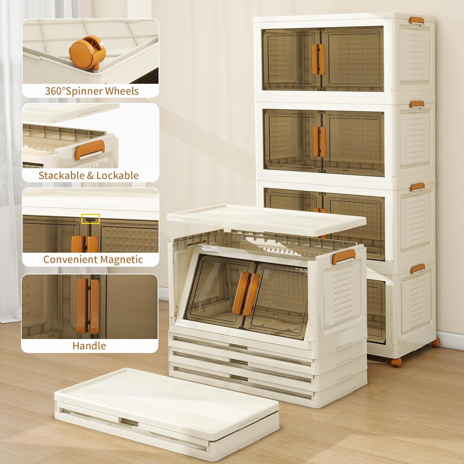 Plastic Stackable Storage Bins with 2 Lids and Wheels, Foldable Closet Organizers and Storage Containers, Collapsible Clear Drawer Storage Cabinet with Doors Ivory White 273.6 QT