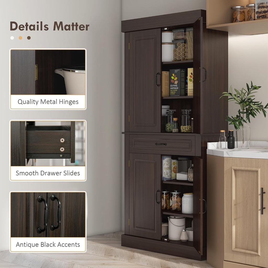 71" Freestanding Kitchen Pantry with 4 Doors, and 2 Large Cabinets, Tall Storage Cabinet with Wide Drawer for Dining Room, Coffee