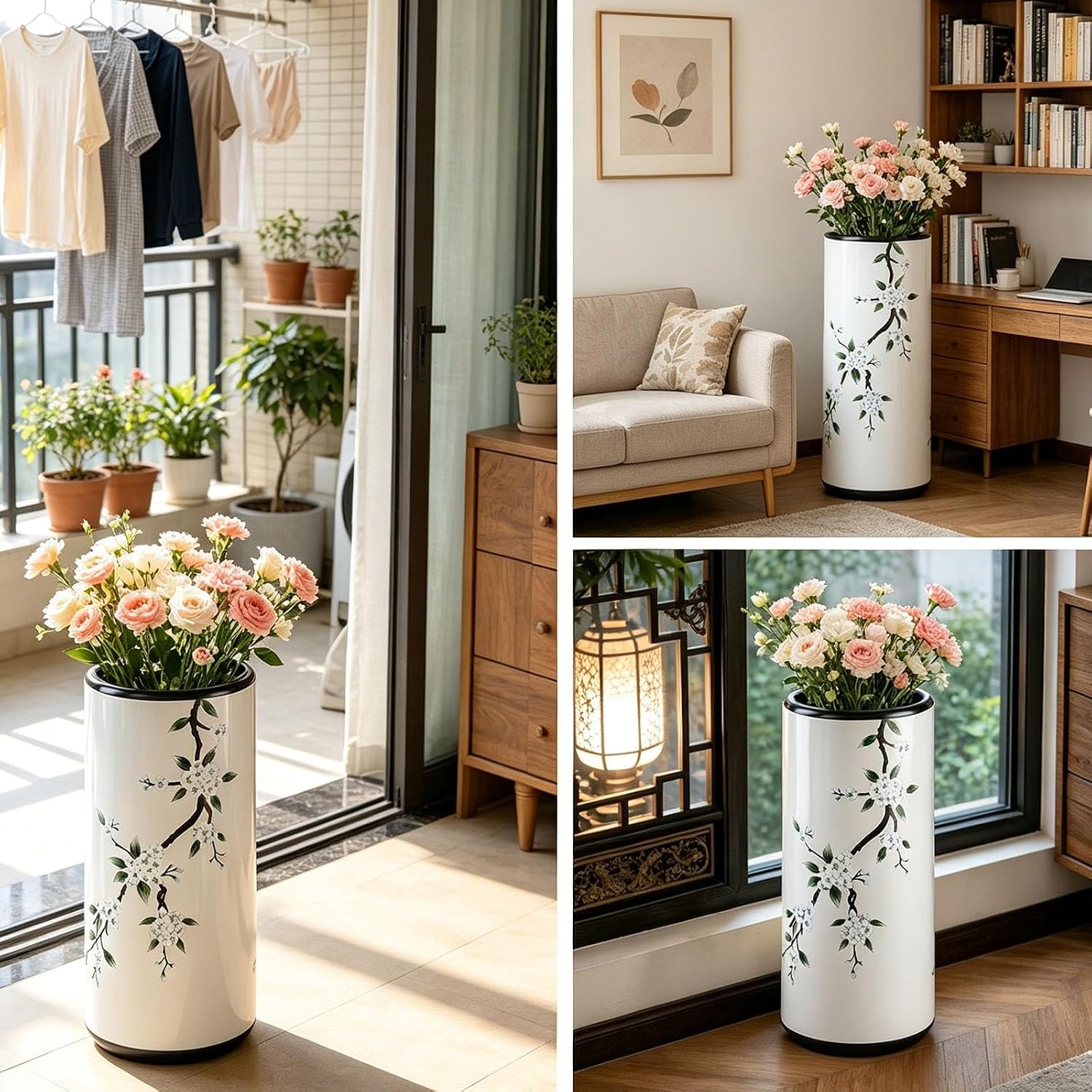 White, W19.5 X H44 Cm, Ceramic Umbrella Stand, Freestanding Decorative Vase, Wide-Mouth Design, Non-Slip Stable Base, for Home Decor, Family Use, and Living Rooms