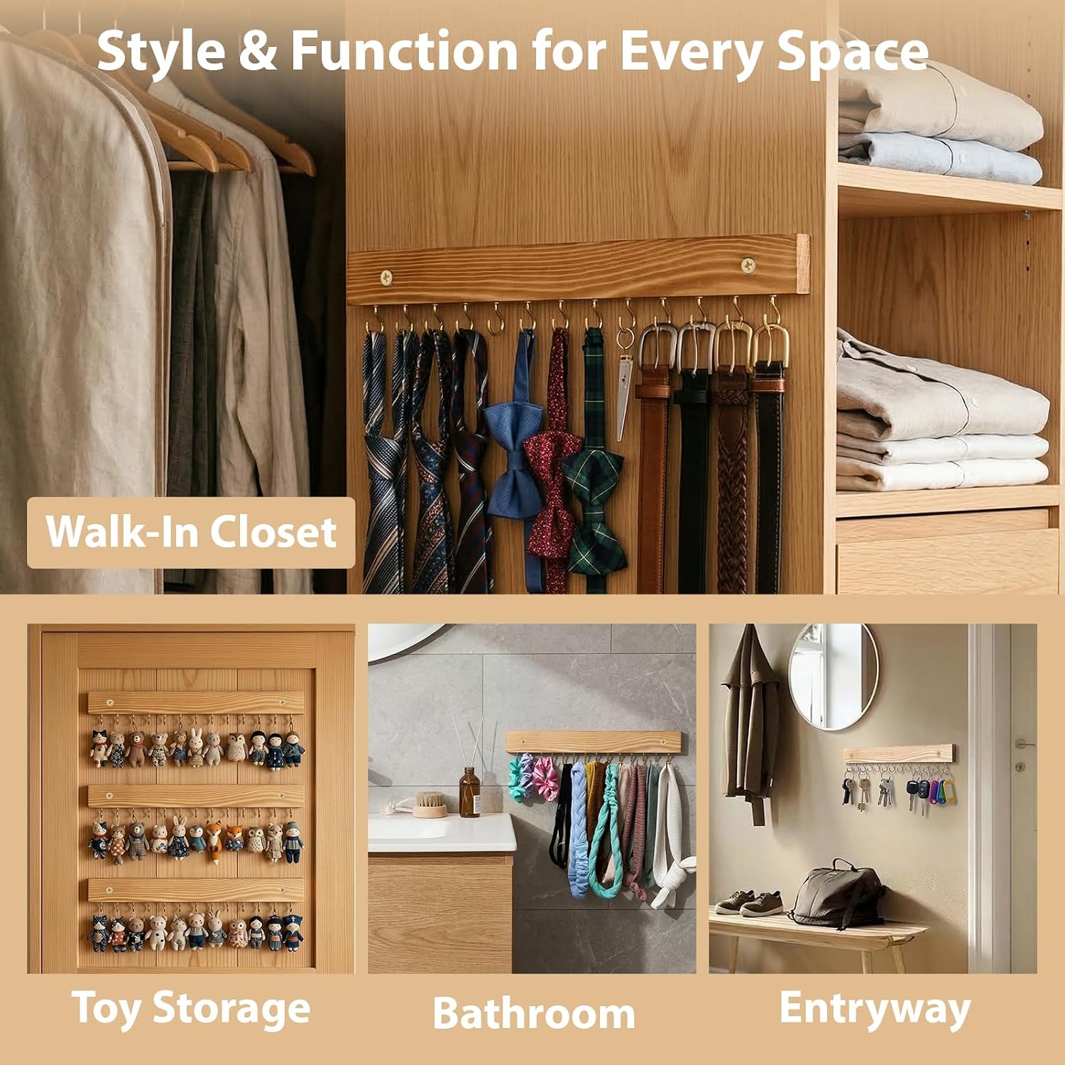 3 Pack Necklace Holder Wall Mounted Hanging Jewelry Organizer, Wooden Jewelry Hanger with 39 Hooks for Necklace Earring Bracelet & Accessories Display, Jewelry Storage Holder for Bedroom Closet Decor