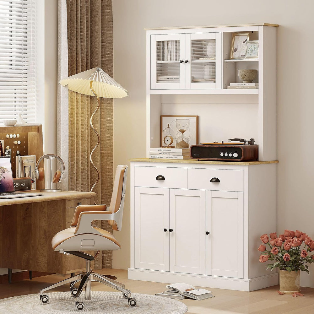 Modern Freestanding Pantry Cabinet 71in H x 39.25in W: White Finish, Warm Oak...