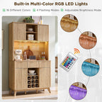 OKD 72" Tall Coffee Bar Cabinet, Fluted Wooden Wine Cabinet, Natural Oak | Power Outlets, Led Lights, 4 Stemware Racks, 9 Wine Racks, 3 Drawers, 4 Cabinets, 2 Open Shelf, Home Bar Storage