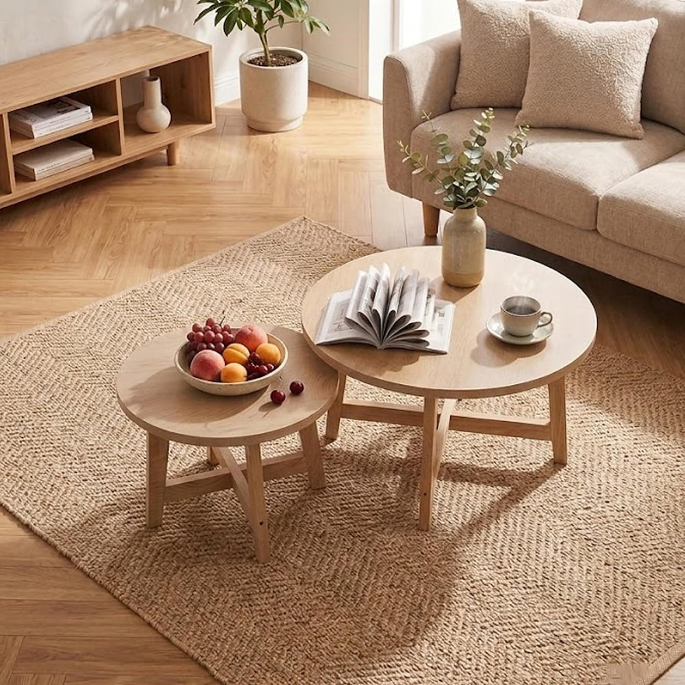Round Nesting Coffee Tables, Set of 2, Natural Wood Finish Modern Side Tables...