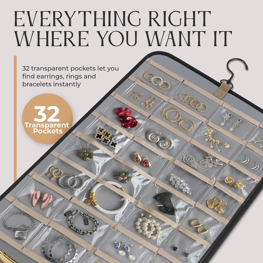 Hanging Jewelry Organizer Storage with Hanger Metal Hooks Double-Sided Jewelry Holder- Wall Mount Holder for Earrings, Necklaces, Rings on Closet, Wall, Door, 1 piece, Large, Black