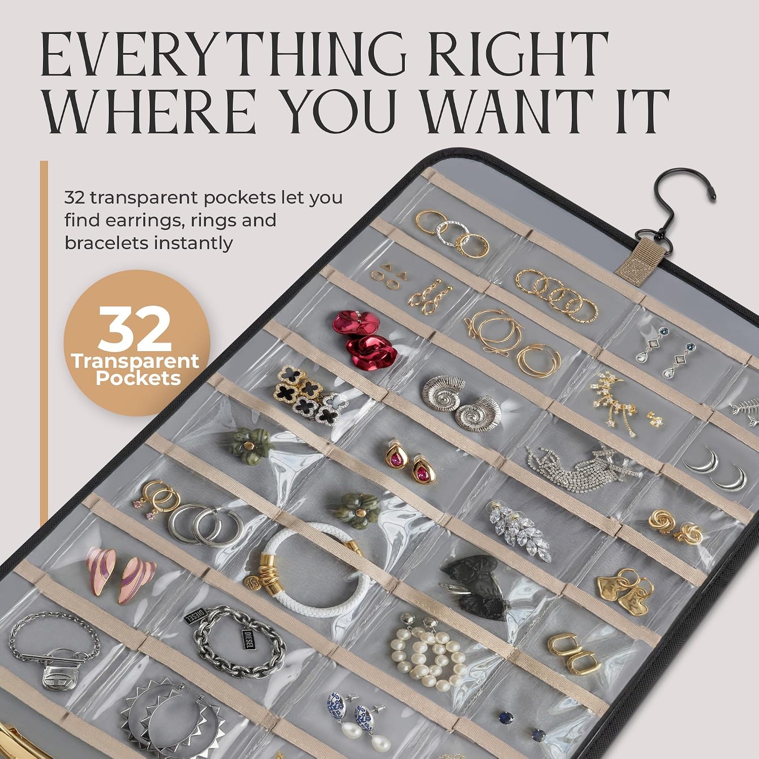 Hanging Jewelry Organizer Storage with Hanger Metal Hooks Double-Sided Jewelry Holder- Wall Mount Holder for Earrings, Necklaces, Rings on Closet, Wall, Door, 1 piece, Large, Black