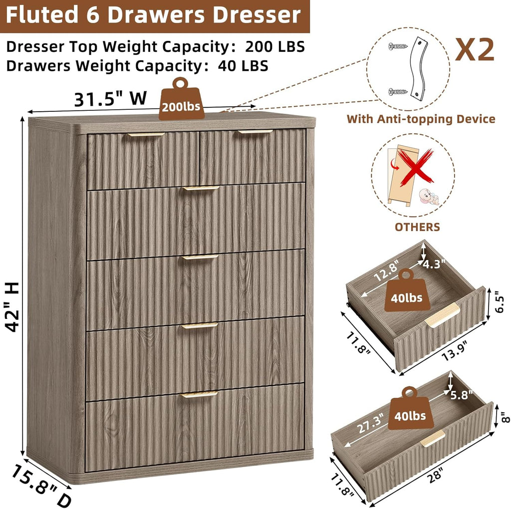 LEYAOYAO Fluted 6 Drawers Dresser for Bedroom Set of 2, 42" Tall Modern Chest of Drawers with Metal Handle, Curved Profile Design,Grey Wood Drawer Organizer for Bedroom, Living Room, Hallway