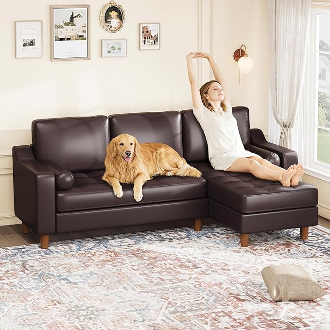 GarveeHome 88.9" L-Shape Sofa with Convertible Chaise, Sectional Leather Sofa with Deep Seat, Modern Mid-Century Sofa for Living Room, Comfy Leather Couch, Brown