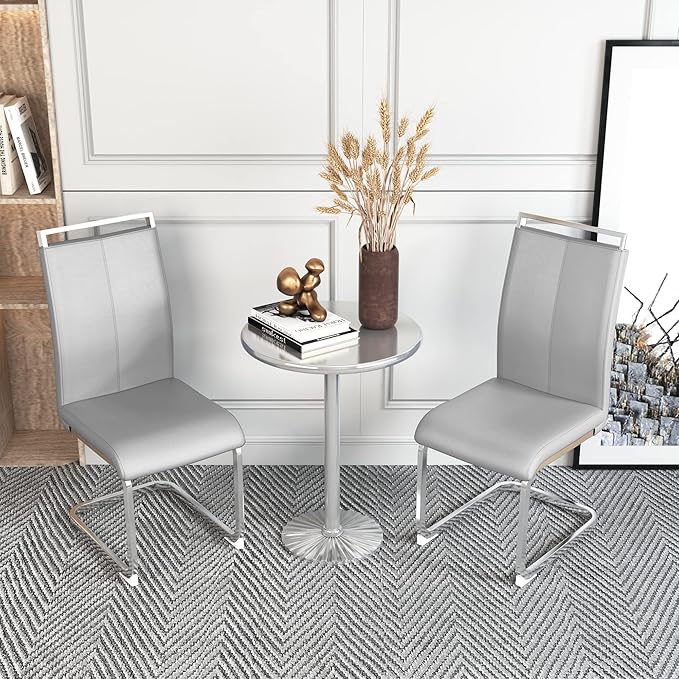 AZmac Modern Leather Dining Chairs Set of 2,Armless Kitchen Chairs,Dining Room Chairs with Upholstered Padded Seat and Sturdy Chrome Legs for Dining Room,Kitchen (Set of 2, Warm Grey)