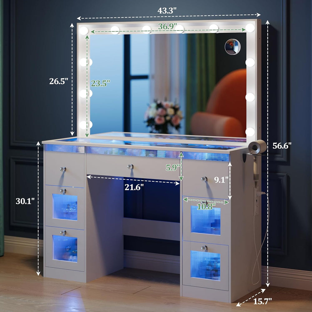 Glass Top Vanity Desk, Makeup Vanity Desk White Dressing Table 36.9" Mir...