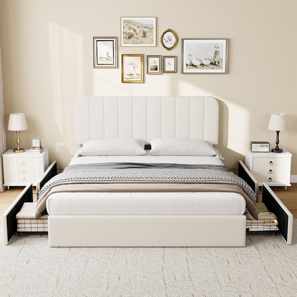 IDEALHOUSE Queen Size Velvet Upholstered Bed Frame, Beige