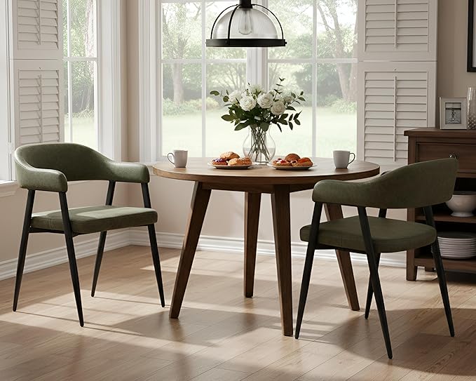 HNY Modern Dining Room Arm Chairs Set of 2, Green Retro Faux Leather Upholstered Barrel Dining Chairs with Arms Mid-Century Accent Chair with Metal Legs, Open-Back Kitchen Side Chairs for Living Room
