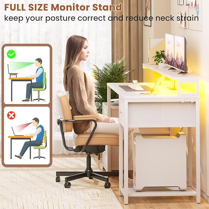 Aheaplus Computer Desk with 3 Drawers, Home Office Desk with File Drawer & Power Outlet, 59'' Gaming Desk with Led Lights, Long Work Desk with Storage Shelves, Printer Cabinet and Monitor Shelf, White