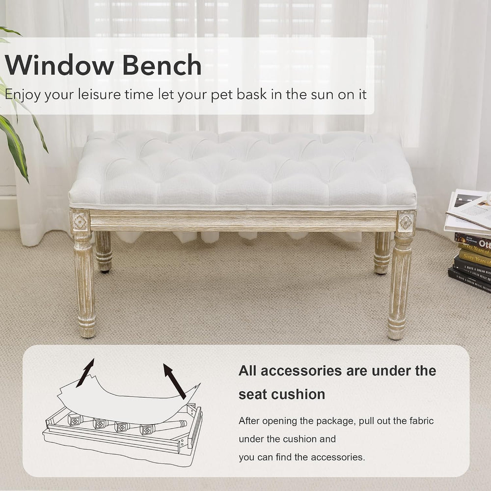LOULENS French Vintage Bench, Linen Fabric Entryway Bench, Upholstered Tufted...