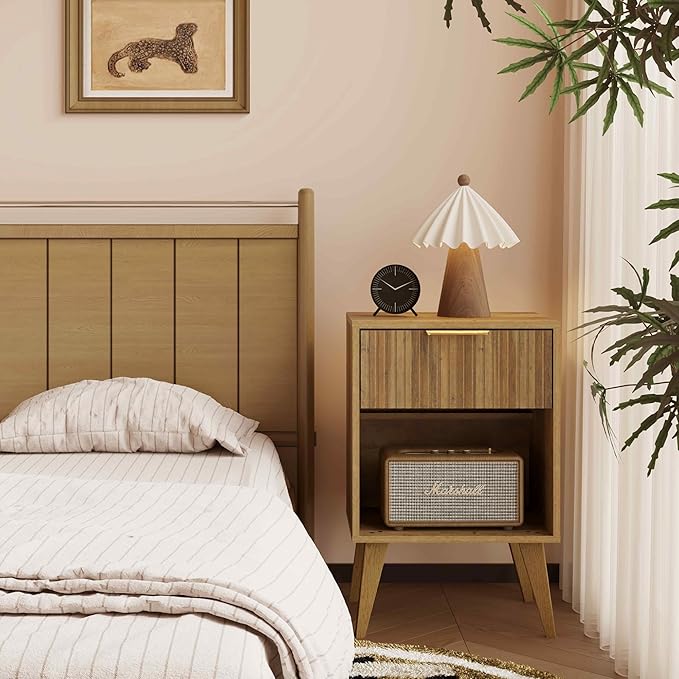 Fluted Night Stand with Opening Storage,Mid Century Bedside Table with Drawer...