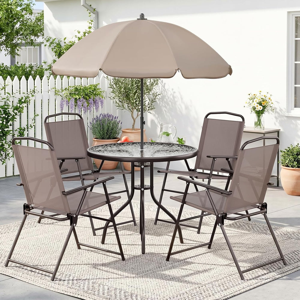 TLSUNNY 6 Pieces Glass Table and Folding Textilene Chairs with 65″ Umbrella