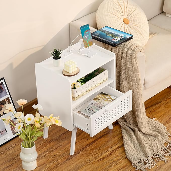 Lerliuo Rattan Nightstand with Charging Station, Side Table with Drawer Open ...