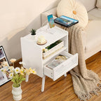 Lerliuo Rattan Nightstand with Charging Station, Side Table with Drawer Open Shelf, Cane Accent Bedside End Table with Solid Wood Legs, Night Stand for Bedroom, Dorm and Small Spaces (White)