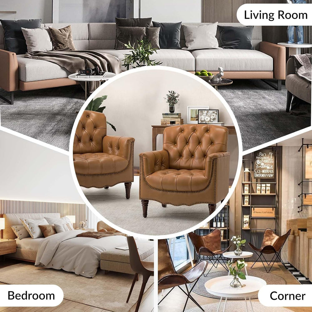 HULALA HOME Mid Century Modern Genuine Leather Accent Chair Set of 2, Camel |...